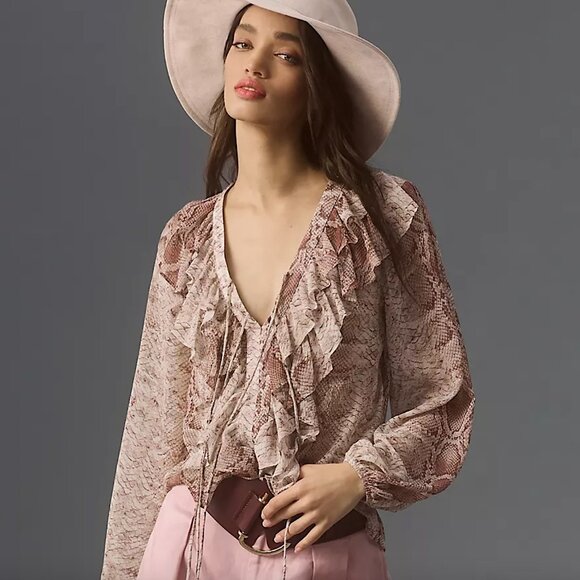 ANTHROPOLOGIE Long Sleeve Ruffled Snakeskin Print Blouse Brown - Picture 1 of 14